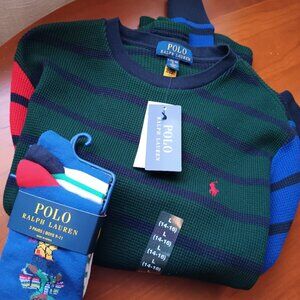 NWT Polo Ralph Lauren Boy Youth Thermal Multicolor Stripe Shirt and Sock Set
